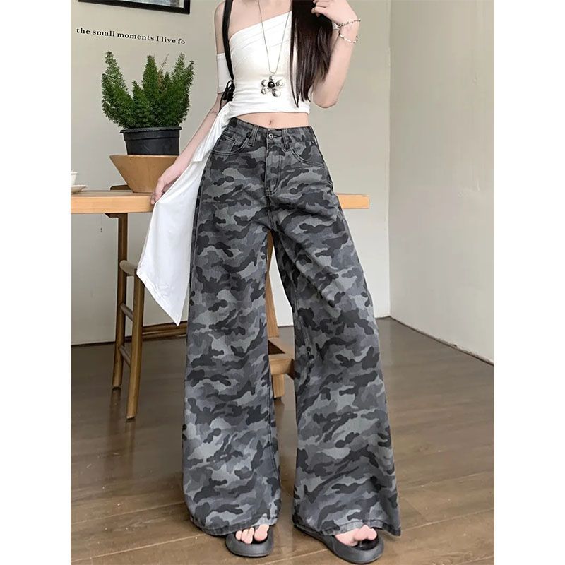 Women's High Rise Camo Print Jeans Wide Leg Loose Fit Streetwear Cargo Denim Trousers