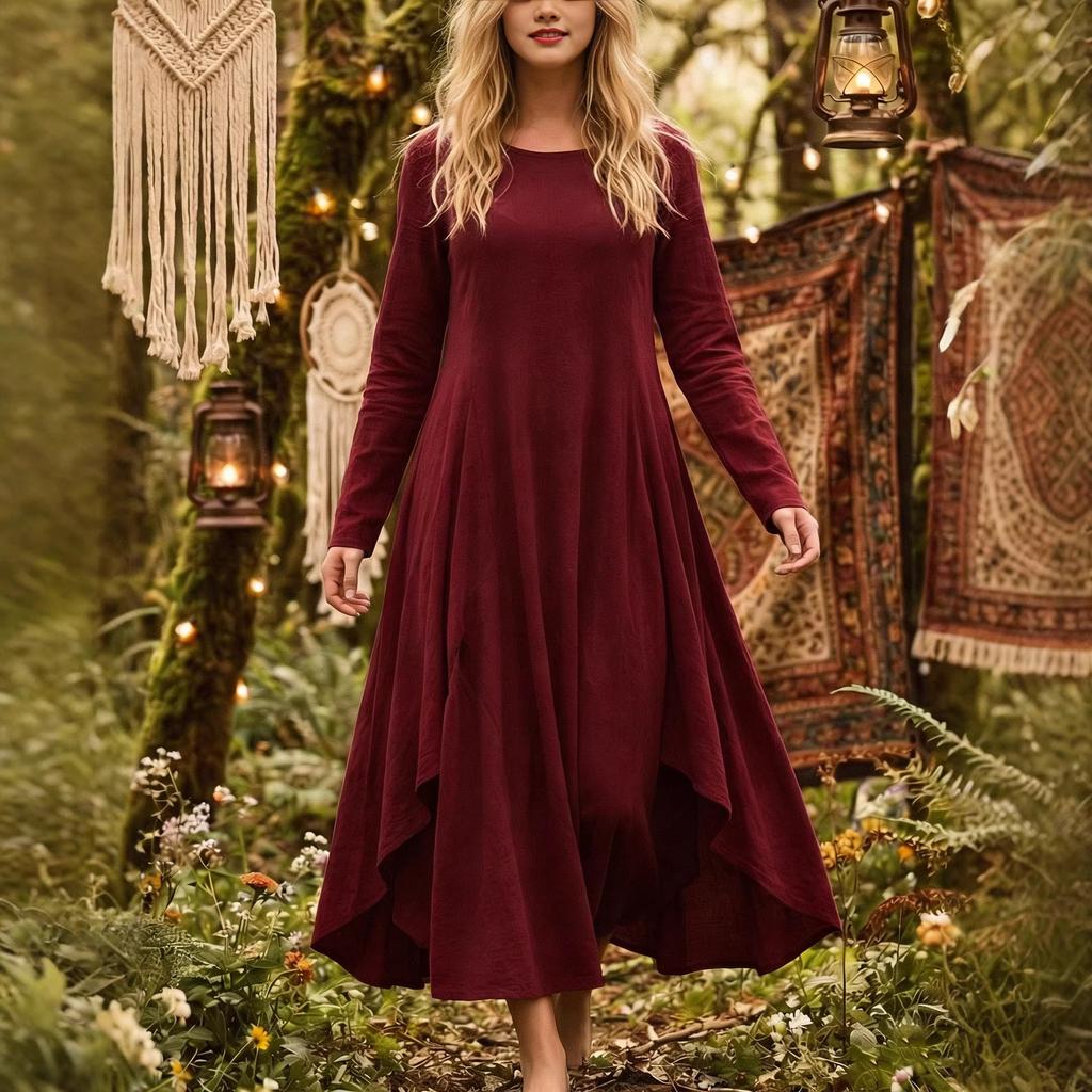 Women's Fashion Color R-neck Long Sleeve Dress