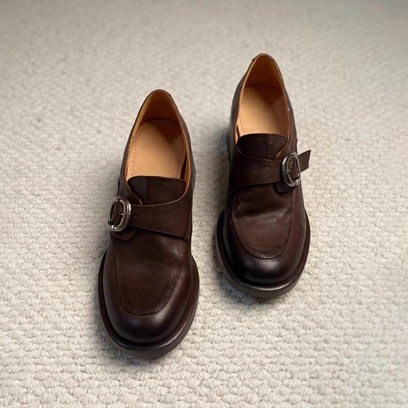 The Treasure of the Town Store~ British Retro Wasteland Style Metal Buckle Round Head Thick Heel Soft Leather Single Shoes Washed Cowhide Loafers