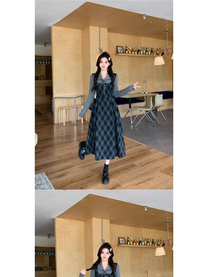 Plus Size Plaid Two-Piece Look Dress - Spring 2026 Slimming Long-Sleeved Waist-Cinched Skirt for Women