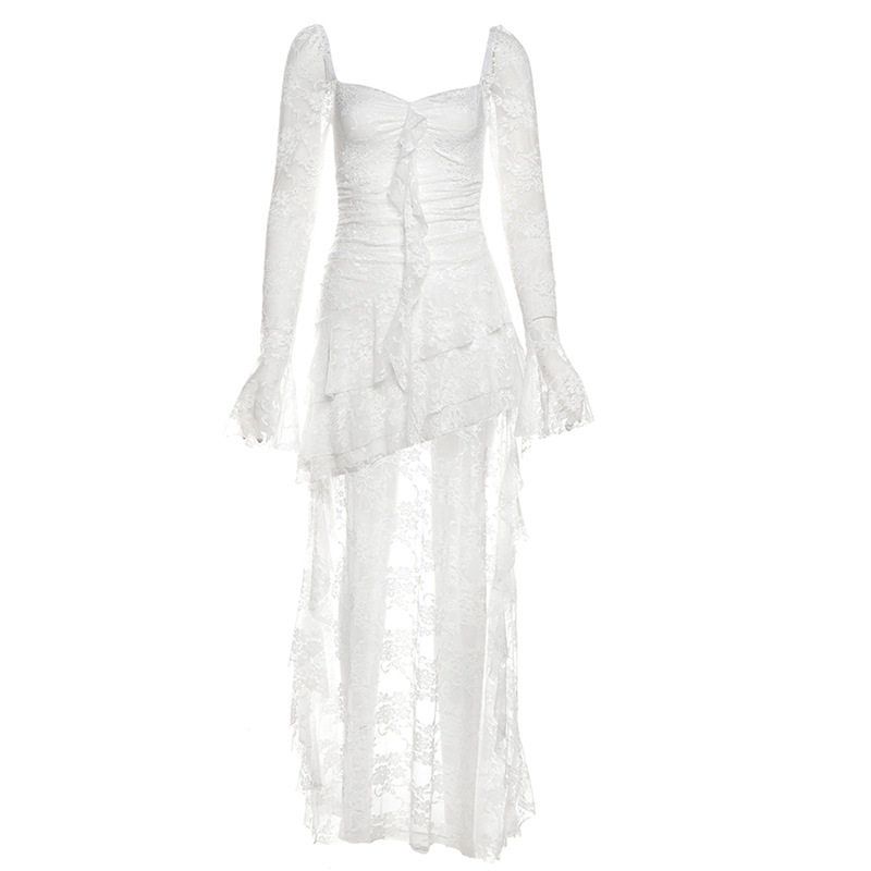 

Cross-Border European and American Style 2024 Autumn New Women s Fashion Solid Color High-Waisted Square-Neck Long-Sleeve Lace Patchwork Dress White S