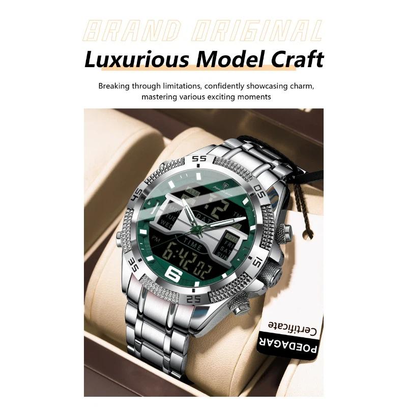 POEDAGAR Sports Luxury Man Wristwatch Dual Time Display Digital Week Date LED Luminous Men Watch Electronic Quartz Watches