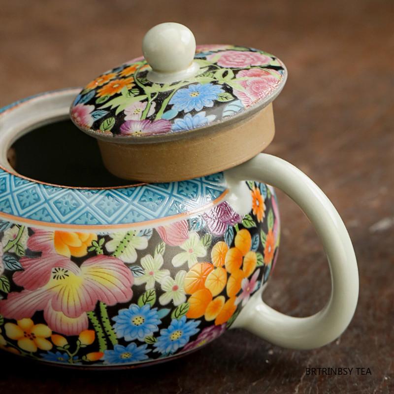 210ml Traditional Ru Kiln Ceramic Teapot Handmade Flowers Pattern Xishi Tea Pot Ball Hole Filter Kettle Portable Chinese Tea Set