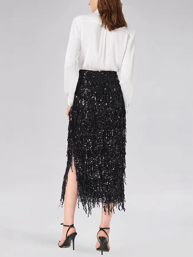 Women's Solid Color Sequin Tassel Long Pencil Skirt with Slit - European & American Fashion