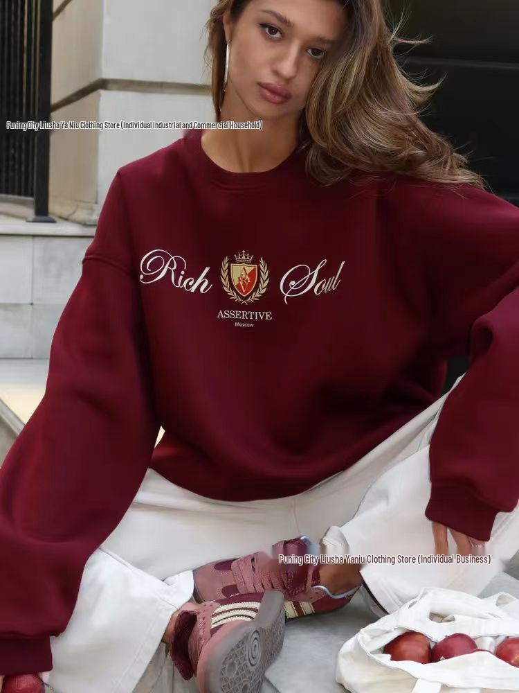 European Autumn/Winter 2025 Women's Stylish Printed Pullover: Loose, Versatile, Plus Velvet, Round Neck Sweatshirt