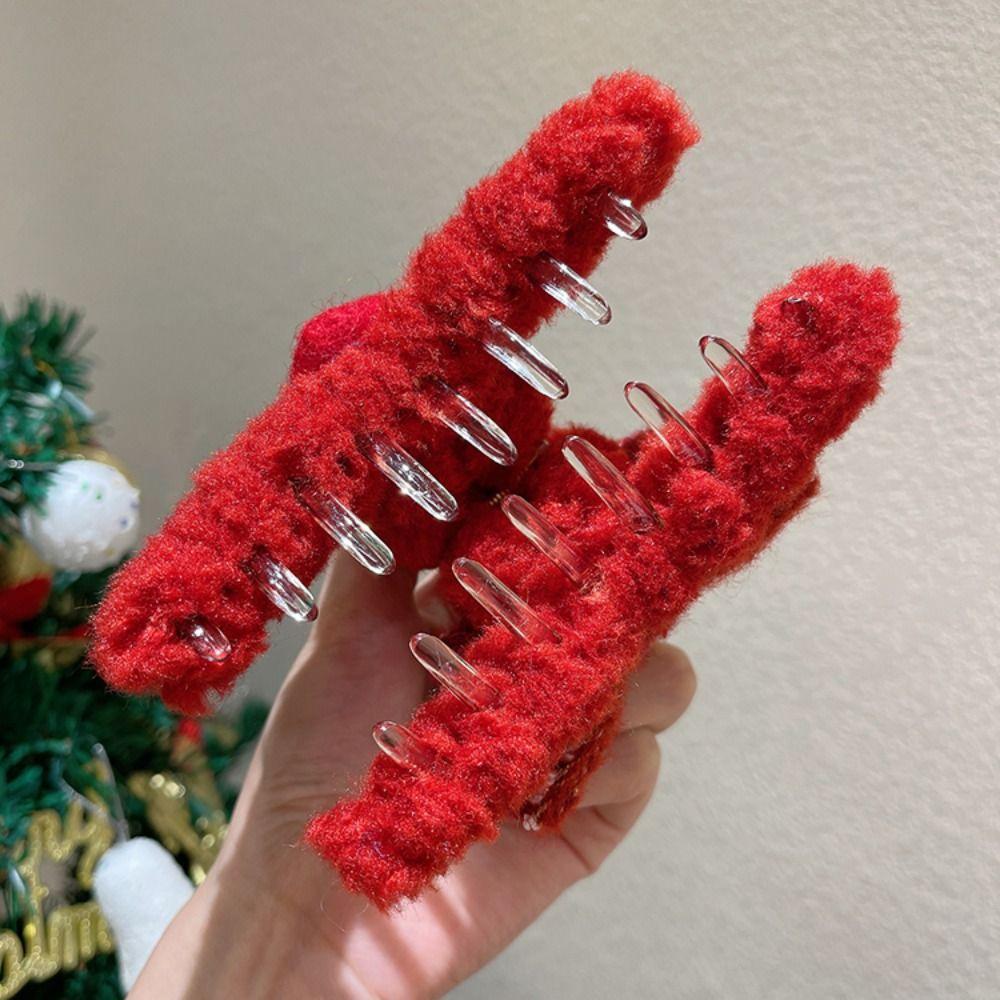 Korean Style Christmas Plush Hair Claw Lamb Wool Shark Grab Clip Sweet Bow Hair Clip  Girls