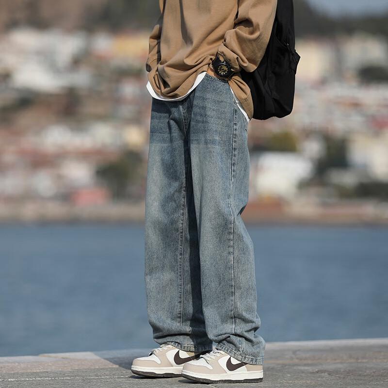 Homlean Men's American High Street Washed Loose Straight Leg Denim Jeans