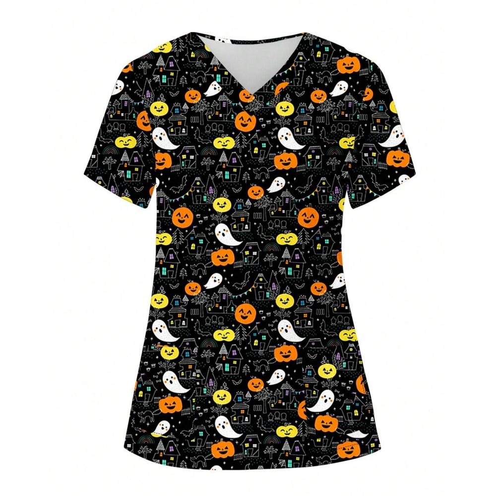 Halloween Clinical Uniform Woman Cute Little Ghost Print Healthcare Nursing Fashion V-Neck with Pockets Woman Medical Uniform