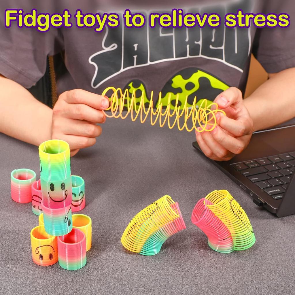 12PCS Children's Colorful Spring Ring Toys Mini Smiling Face Elastic Rainbow Ring Magic Toys Children's Birthday Party Gifts