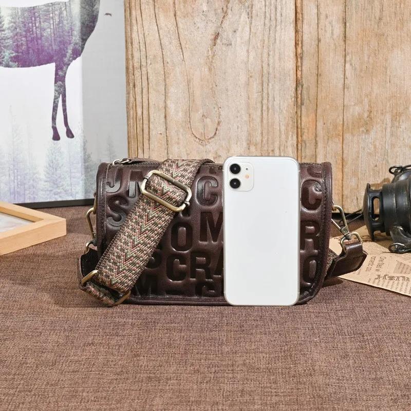 Johnature Retro Genuine Leather Letter Embossed Women's Bag Versatile Wide Shoulder Strap Shoulder Crossbody Bag