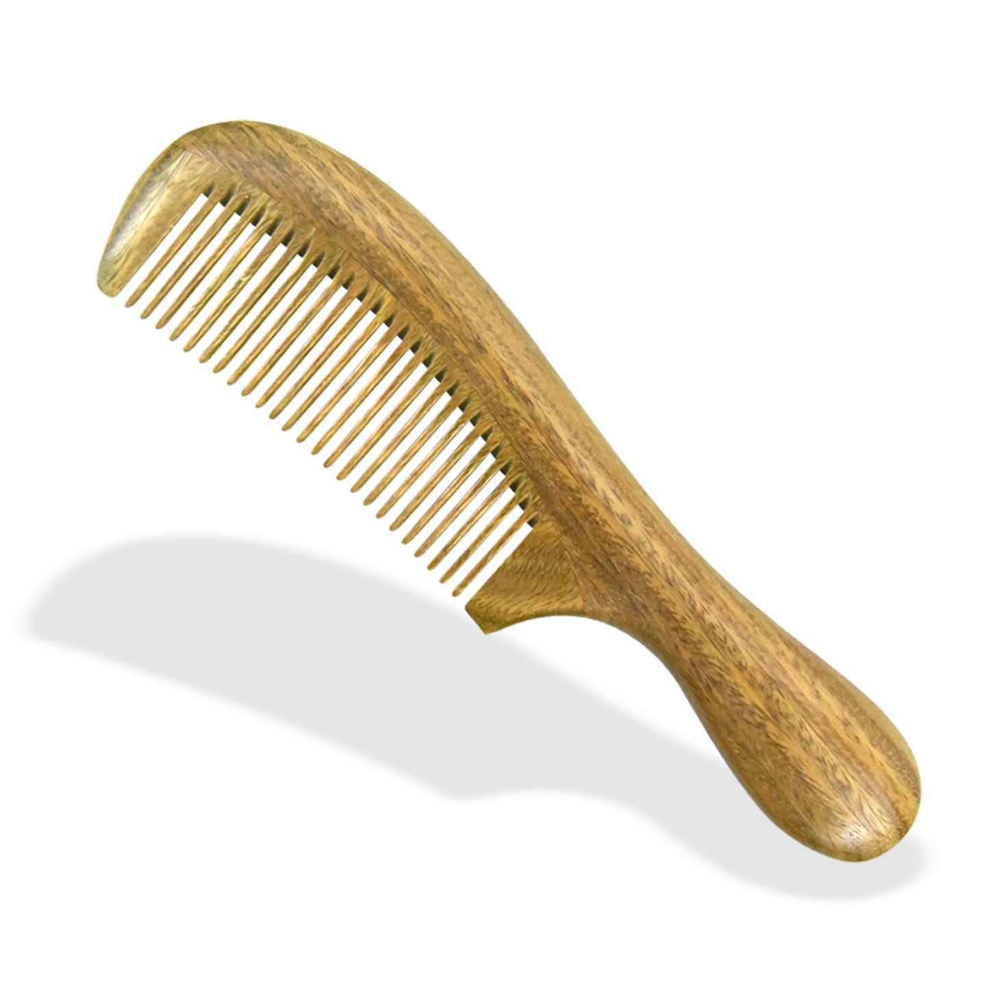 

Green Sandalwood Portable Coarse and Fine Tooth Comb with Curved Design and Carved Logo.