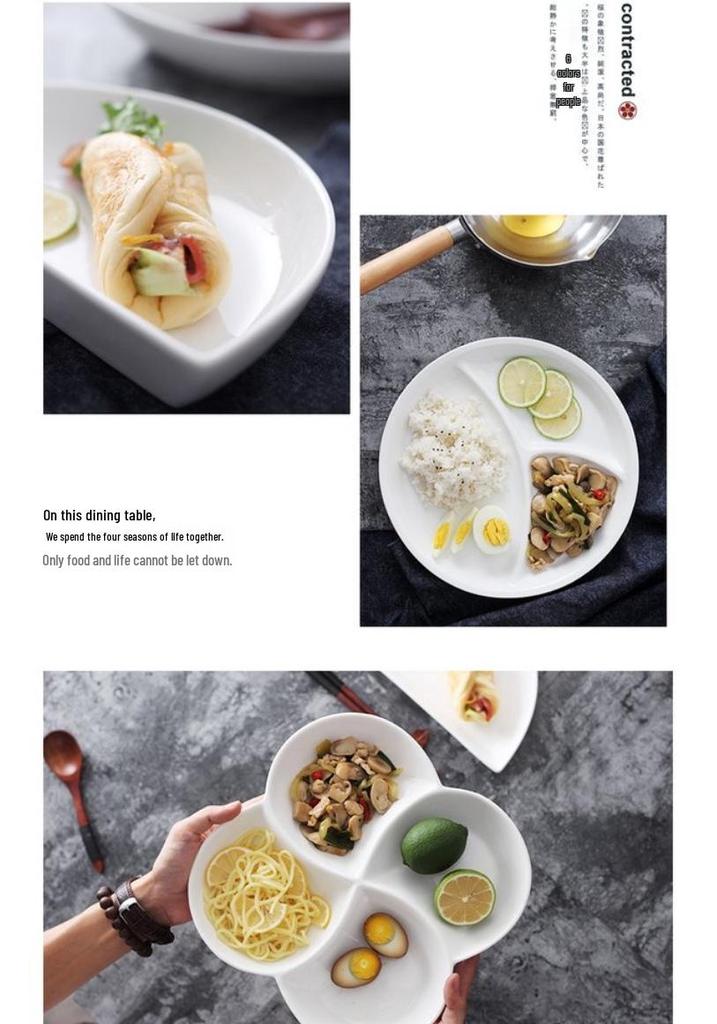 White Ceramic Divided Plate for Home Use - Three & Four Compartments - Creative Fitness Separator Plate