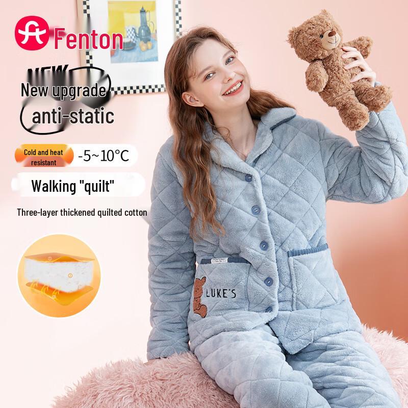 Fen Teng Classic Fleece-Lined Lapel Long Sleeve Pajama Set for Men and Women