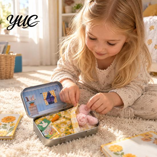Small Animal Figurine with Tin Box Little Pocket Bunny Plush Toy in Box, Mini Stuffed Rabbit Cute Desktop Ornament for Kids Accessories, Portable