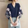 Women Casual V-Neck Floral Print Splice 3/4 Sleeve Loose Blouse