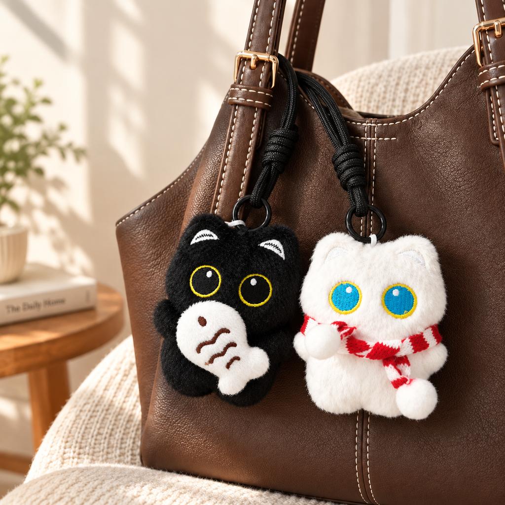 Black Cat with Fish Plush Keychain, Lanyard Style, 1 Piece