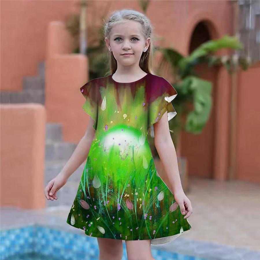 Girls Blue Lily Print Dresses Kids Girl Party Dress Loose Fitting Loose Fitting Short Sleeved Skirt For Girls Over Four Years Old