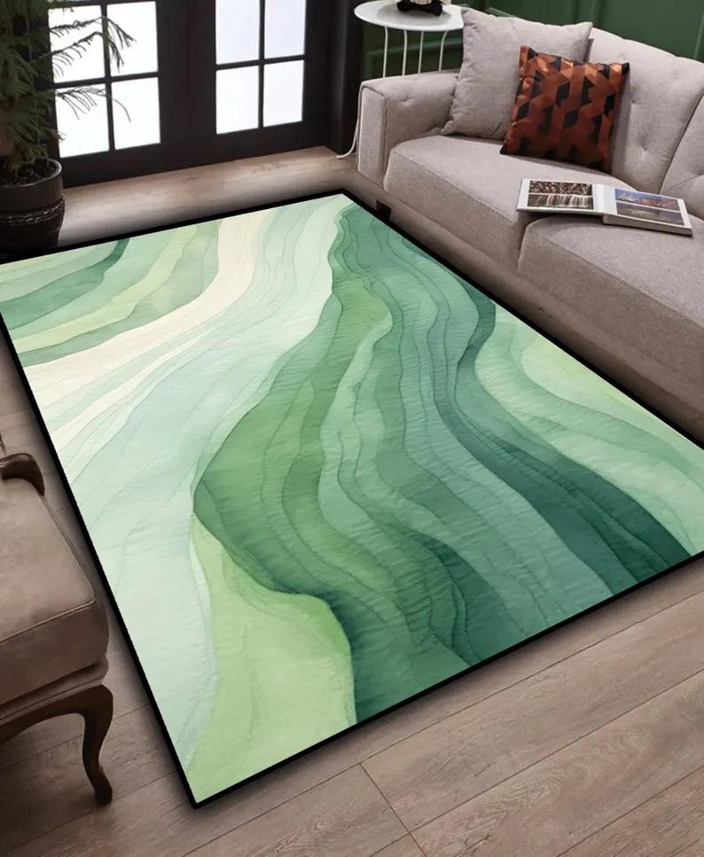Abstract Green Rug Modern Wavy Carpet Minimalist Art Floor Mat Contemporary Living Room Living Room Home DecorHousewarming Gift