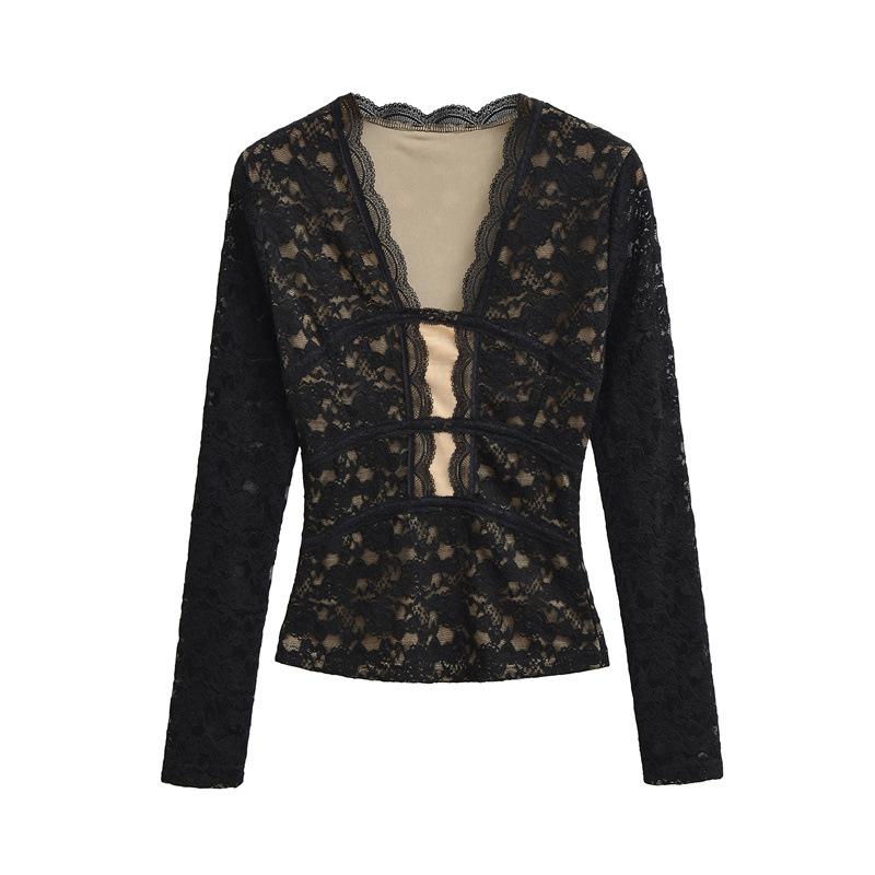 

Deep V-neck Lace Mesh Top - Sexy Slimming Long Sleeve T-shirt for Women Large чорний