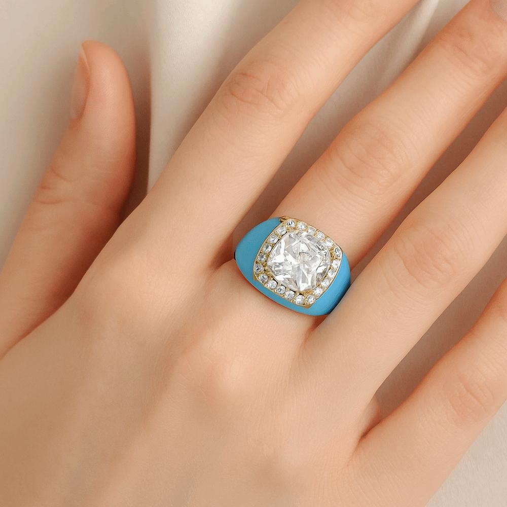 Multicolor Enamel Dripping Oil Ring Gold Plated Geometric Square Ring Zircon Open Ring  For Women