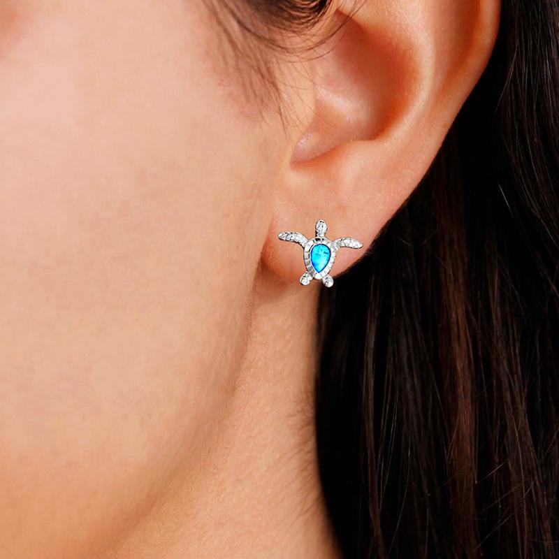 Cute Sea Turtle Stud Earring For Women Fashion Imitation Blue Fire Opal Screw Back Earrings For Women Wedding Band Jewelry Gifts