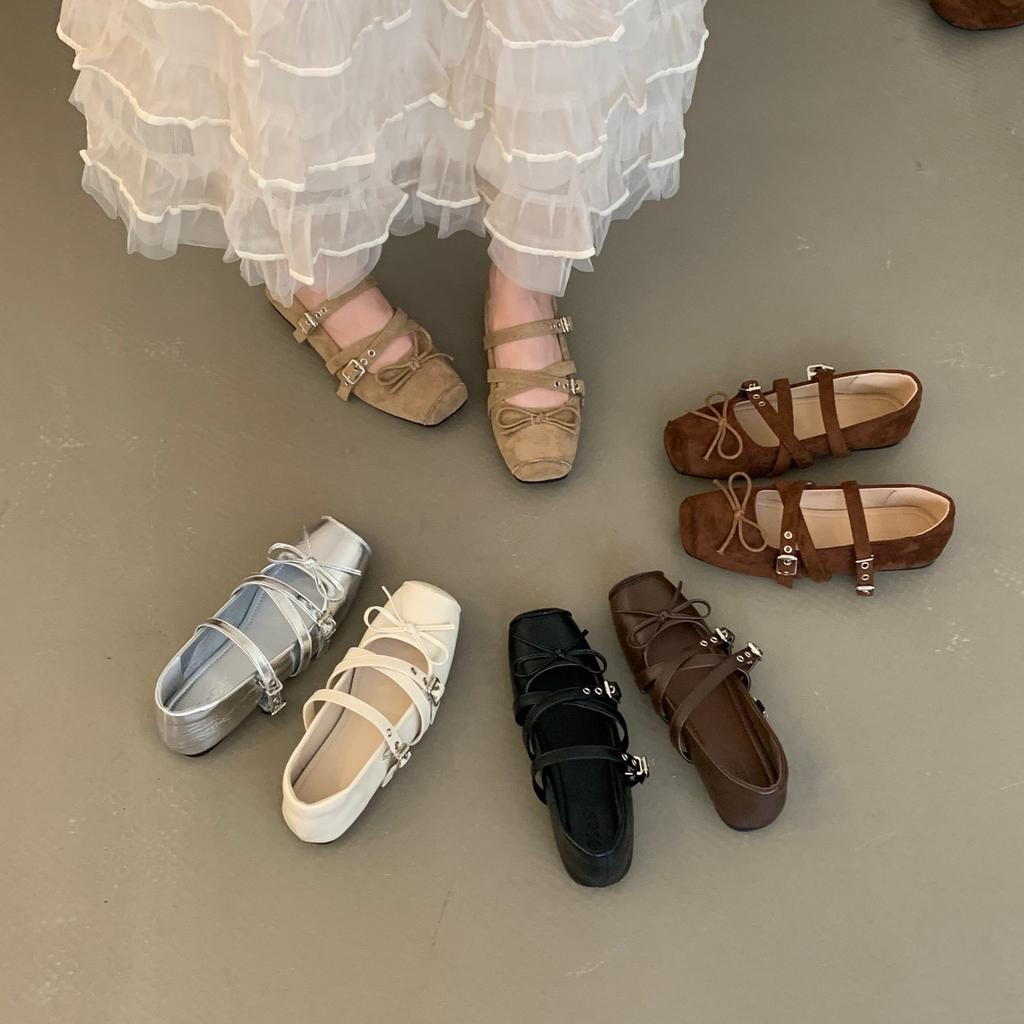 Retro Niche Design Flat-bottomed Square Head Single Shoes Ballet Shoes Early Autumn New French Silver Mary Jane Shoes Women's Shoes