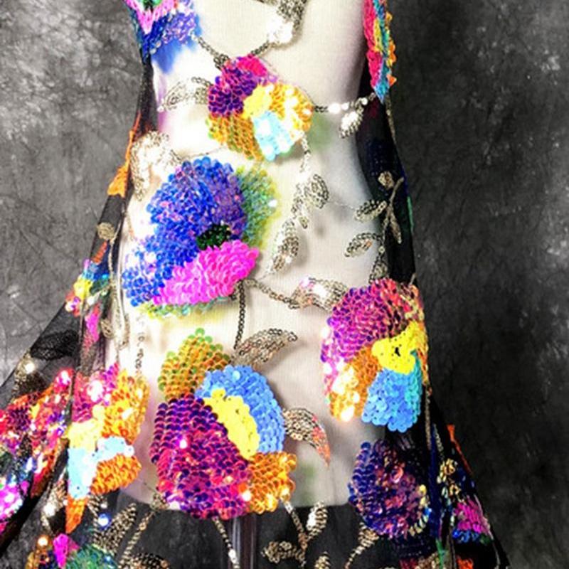 

Красочные кристаллы и блестки, цветок, блестящая сетка, платье, элитное платье на заказ, дизайнерская ткань, вышитая ткань