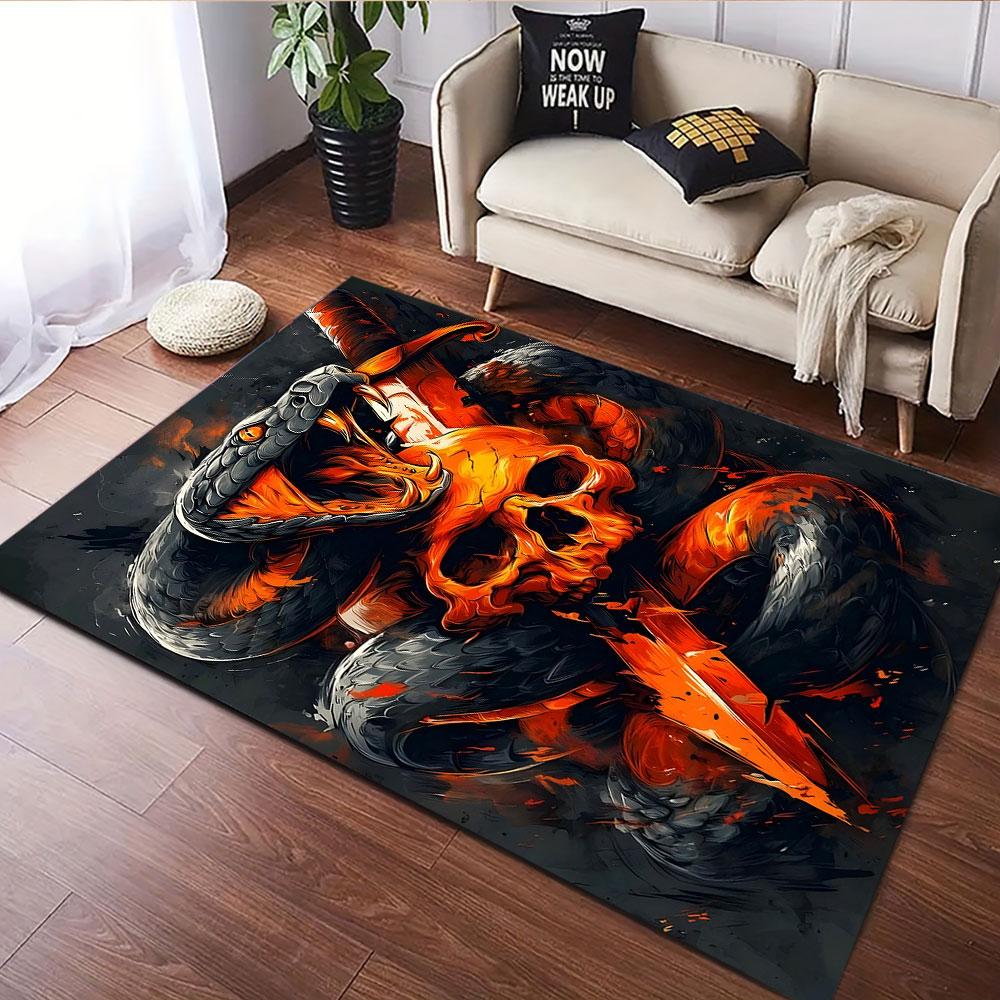 Fiery Snake and Skull with Sword Patterned carpet, suitable as a non slip play mat for the living room and bedroom sofa