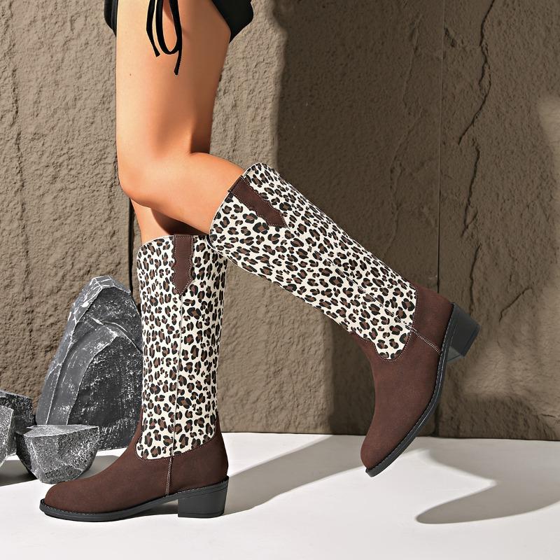 Fashion Plus Size Western Cowboy Boots Women's Retro Fall New Pointed Toe Mid-Tube Leopard Print Paneled Knight Boots