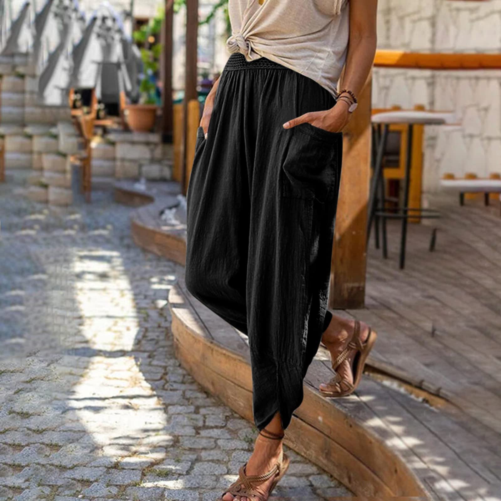Women s Fashionable Plain-Coloured Loose-Fit Skinny  Trousers L чёрный