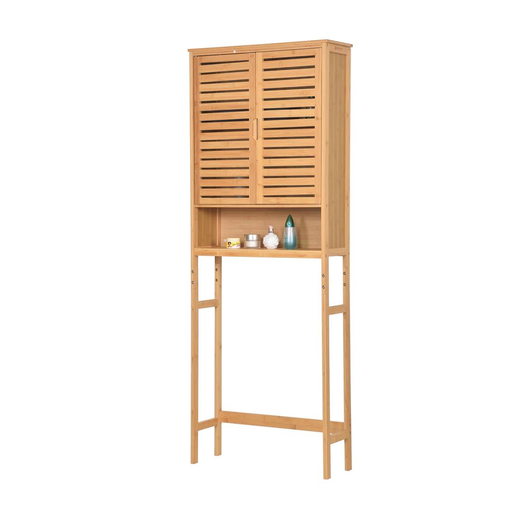 Badezimmerschrank über Waschmaschine mit Regalen, Freistehend, Abschließbar, Bambus, 170X66X23Cm