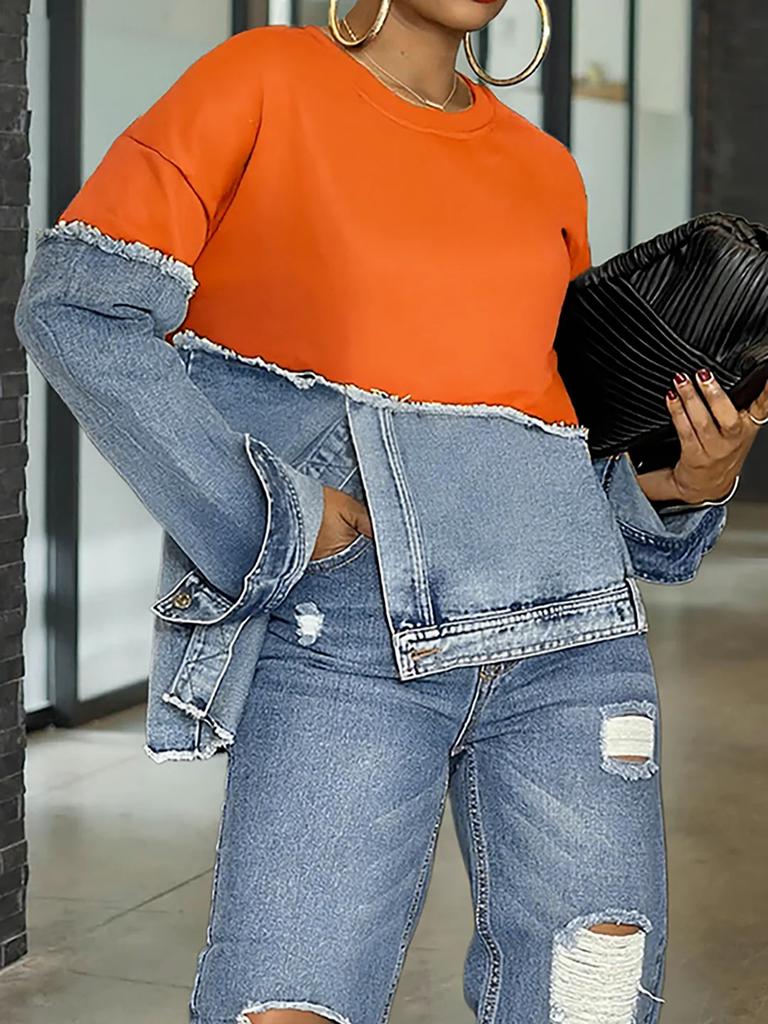 Women's Black Top with Denim Sleeve Patchwork Design