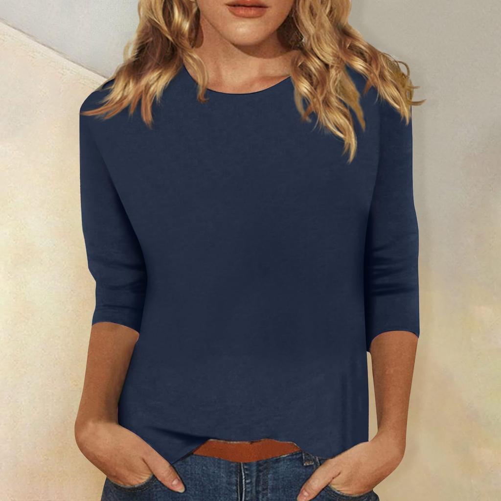 T-shirt uni à col rond et manches 3/4 pour femme - Haut décontracté à coupe ample