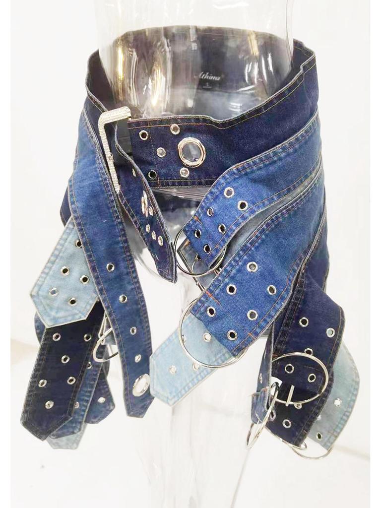 Autumn 2023 Designer Silver Buckle Low-Waist Denim Mini Skirt with Japanese Character Belt