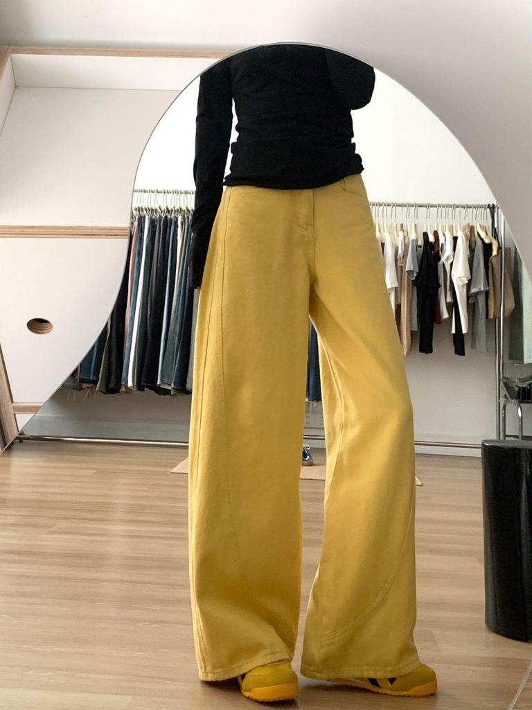 High Street Yellow Wide-Leg Jeans for Women - Trendy, Loose Straight Fit