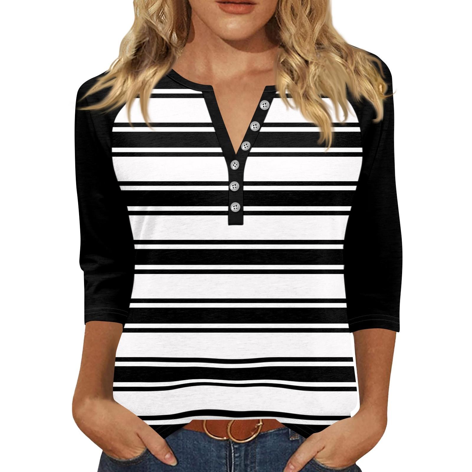 

Жен. Футболка С принтом Пуговицы Рукав 3/4 Повседневные Выходные Мода Классический Классический V-образный вырез Обычный Верх M чёрный