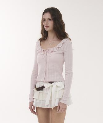 Seoulli Dewy Pointelle Frill Top [Softy Pink/Muted Pink]