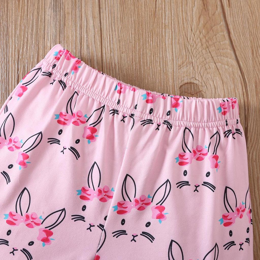 Girls' Easter Rabbit Puff Sleeve Summer Set with Cartoon Flowers