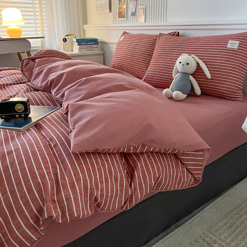 Muji Style Plaid Peach Fuzz Cotton Bedding Set: Skin-friendly Bed Sheet, Fitted Sheet, Duvet Cover - 3 or 4 Piece Options for Dorm.