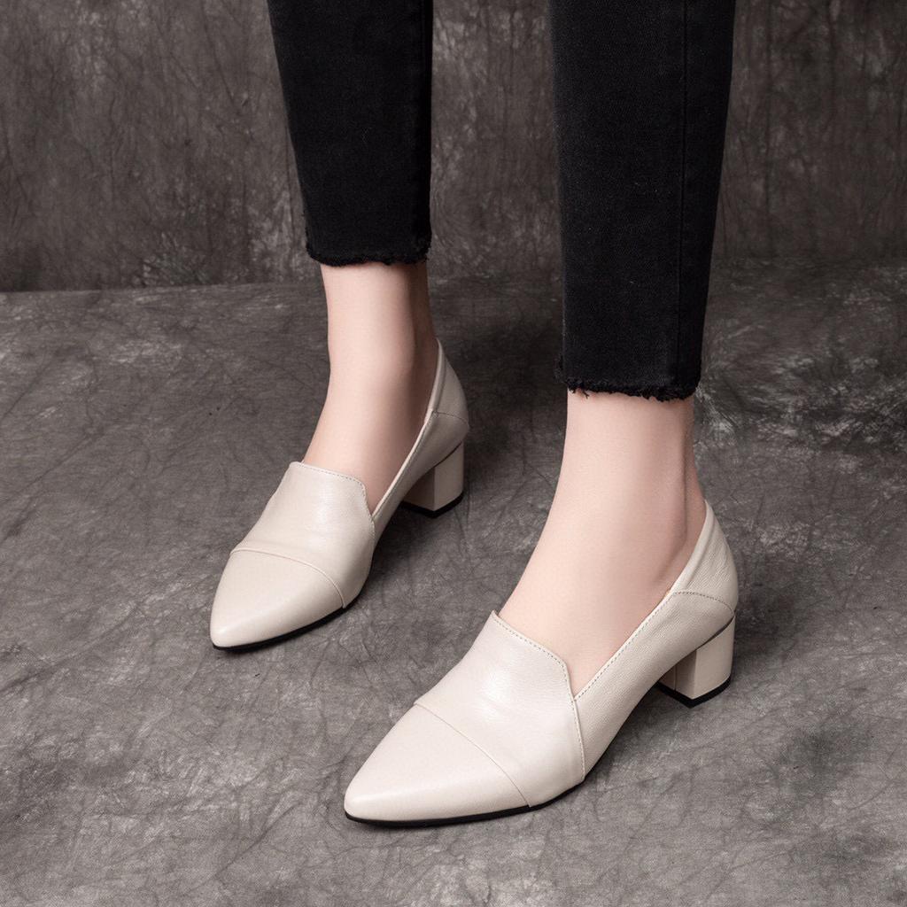 High heels women's spring new comfortable cowhide pointed thick heel medium heel work shoes one shoe two wear low-top shoes