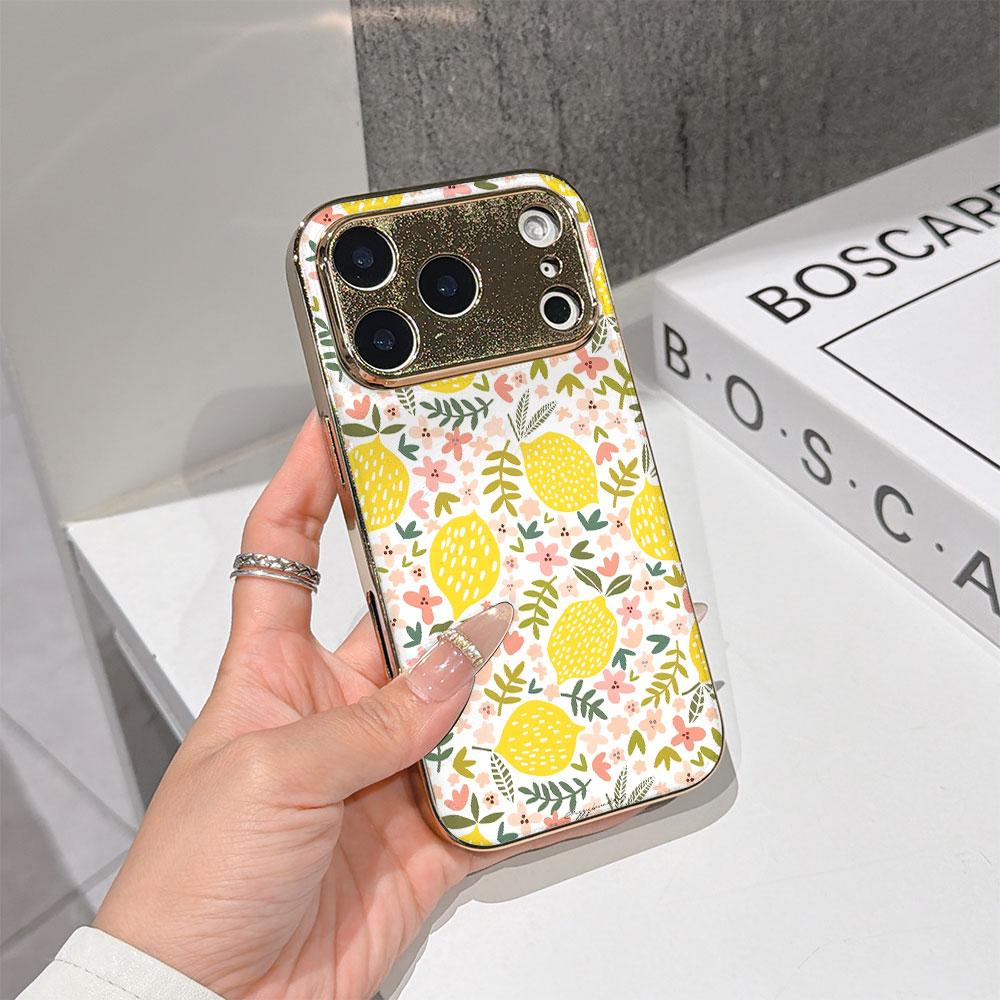 Lucky Start Phone Case For iPhone 17 16 15 14 13 12 11 Pro Max 16E Gold Electroplated Glass Shell Lemon Blossom Cover