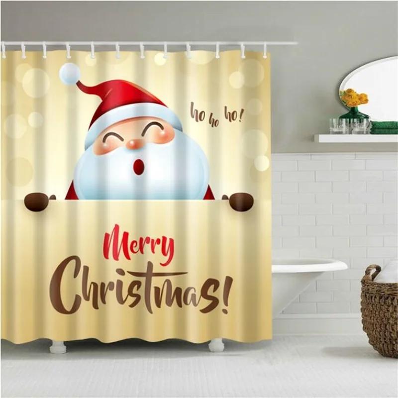 Merry Christmas Shower Curtain Christmas Home Decor Snowman Santa Claus Bathroom Curtain Polyester Fabric Bath Screen with Hooks