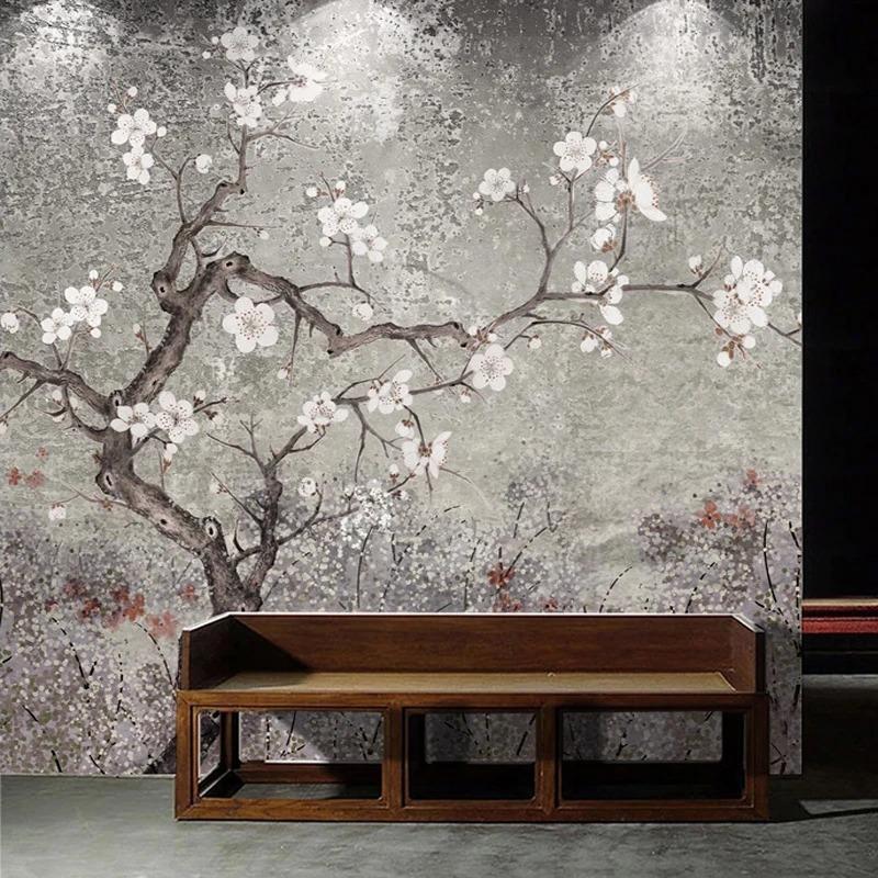 Retro Photo Wallpaper Plum Blossom Mural Hand Painted Flowers Birds Wall Murals Living Room Study Fresco