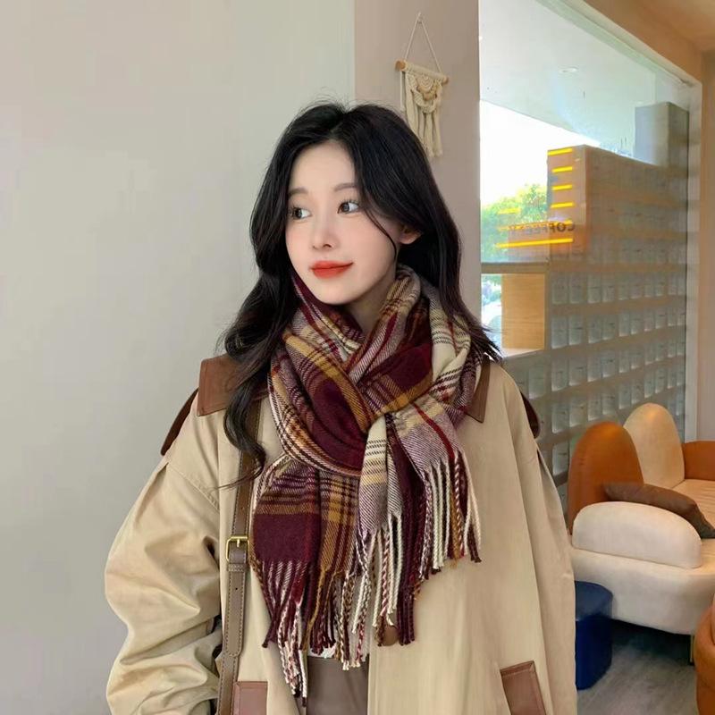 Autumn and winter warm scarf retro versatile plaid imitation cashmere student shawl advanced sense tassel couple Japanese scarf