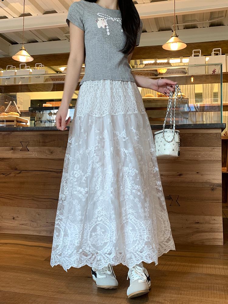 Spring/Summer Lace Crochet Dress: Women's Retro High-Waist A-Line Skirt with Embroidery