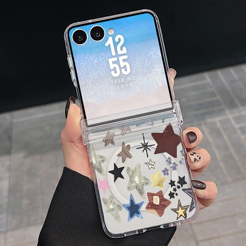 Colorful Stars Print Case For Samsung Galaxy Z Flip 8 7 FE 6 5 Z Flip8 Flip7 Flip6 Magnetic Clear Hard PC Folding Phone Cover