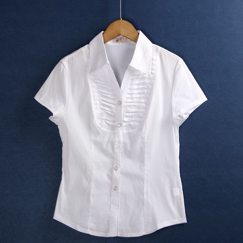 

Fashion Polo Collar Pleated Button Elegant Business Short-Sleeved Shirt White M