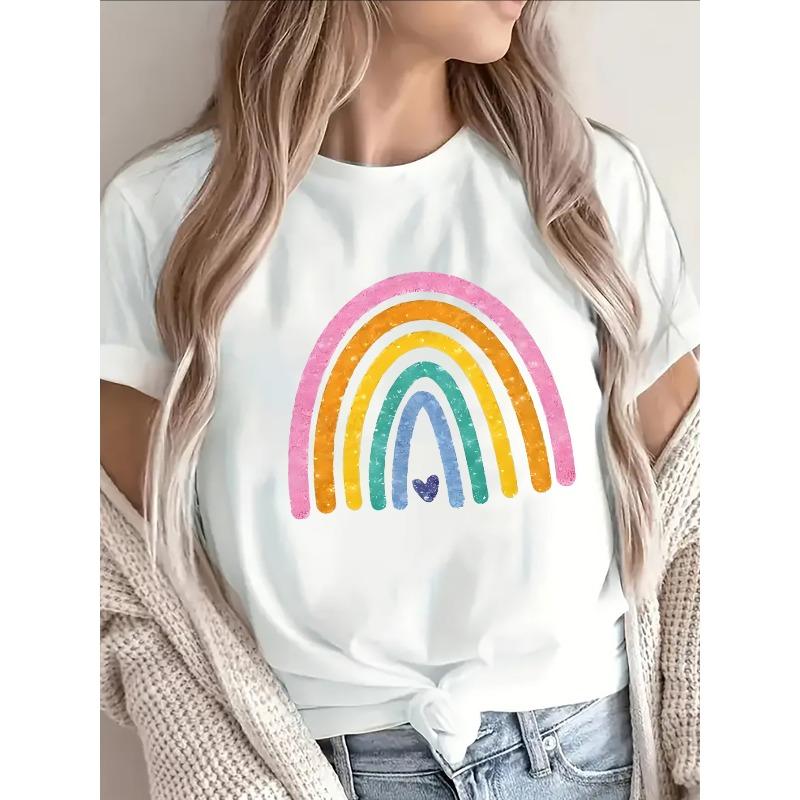T-shirt da Donna Nera con Stampa Cuore Arcobaleno Casual Girocollo Manica Corta Comfort Quotidiano Top da Esterno