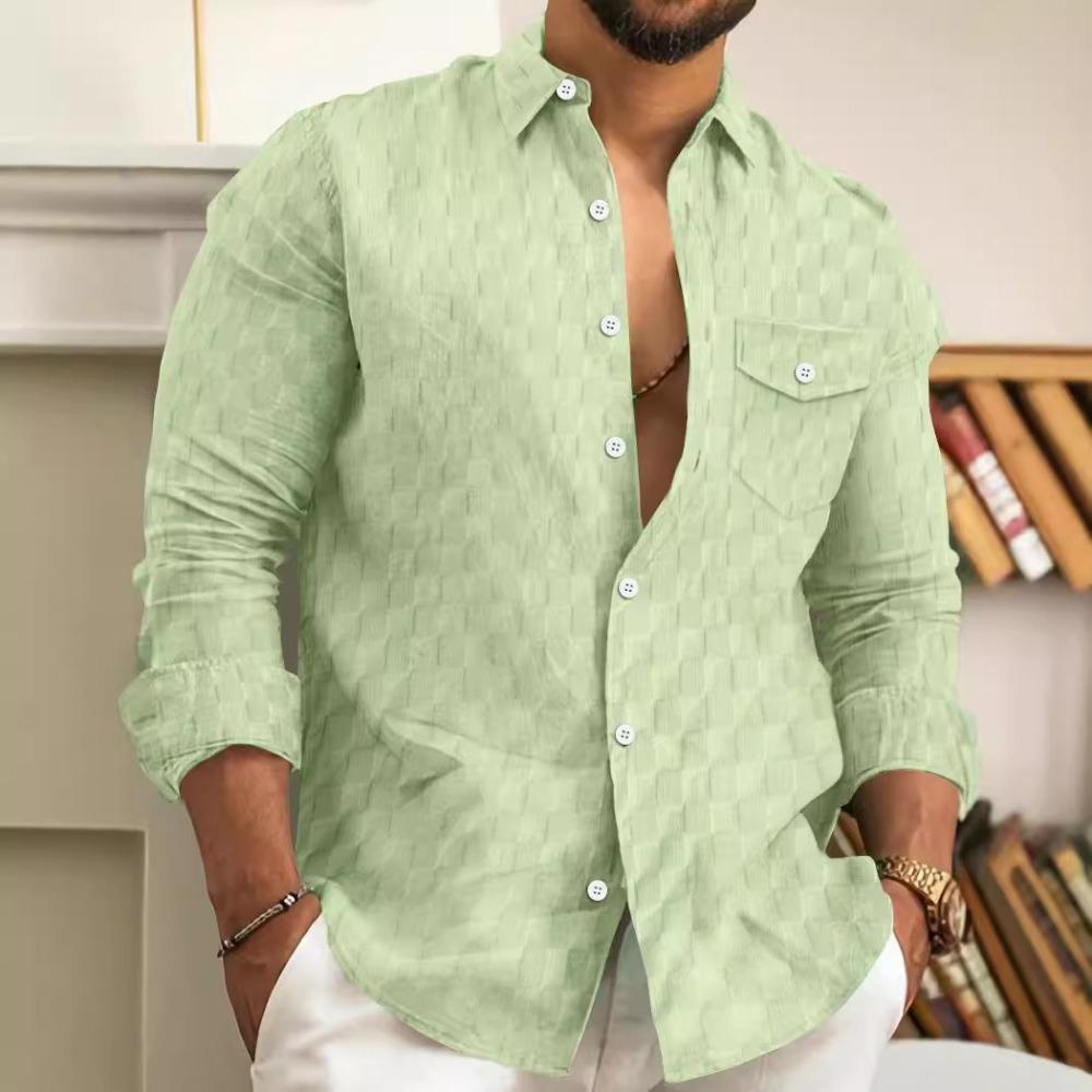 Men's Checkered Chest Pocket Lapel Long Sleeved Shirt