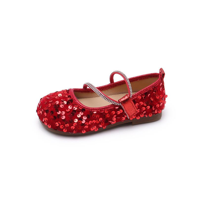 Girls Dance Performance Shoes Shiny Sequins Round Toes Children Flat Shoes Chic Soft Sole 2025 New Kids Leather Shoes Non-slip